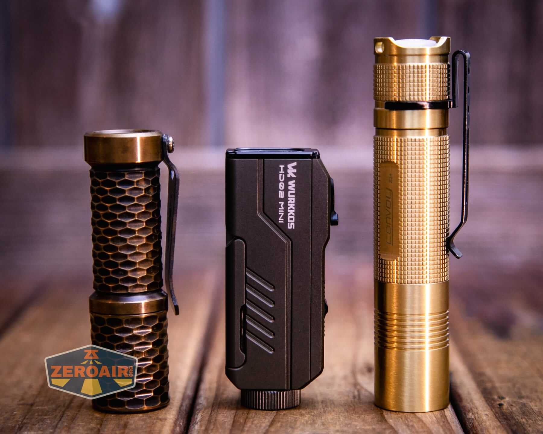 Wurkkos HD02 Mini EDC flashlight with two standard sized flashlights