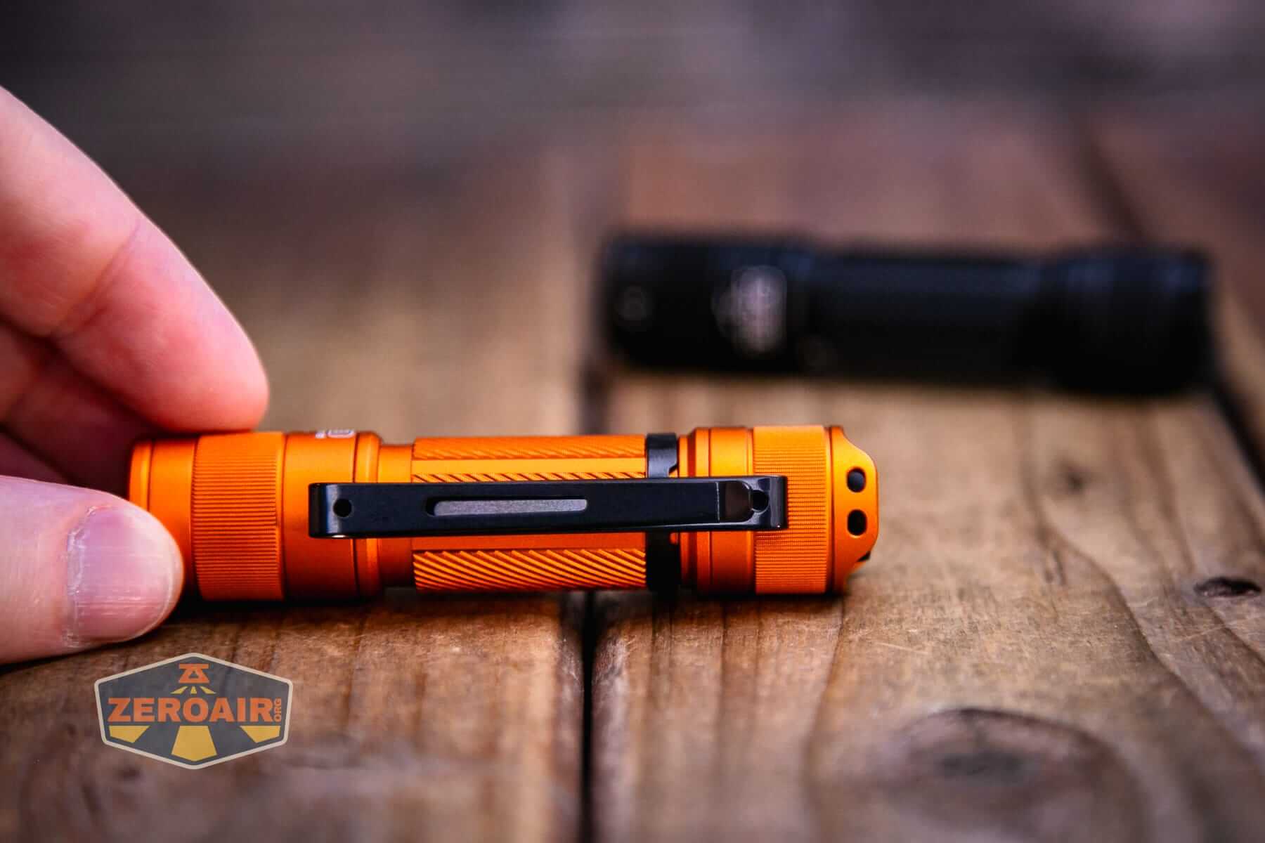 Skilhunt E2A V2 flashlight with pocket clip installed