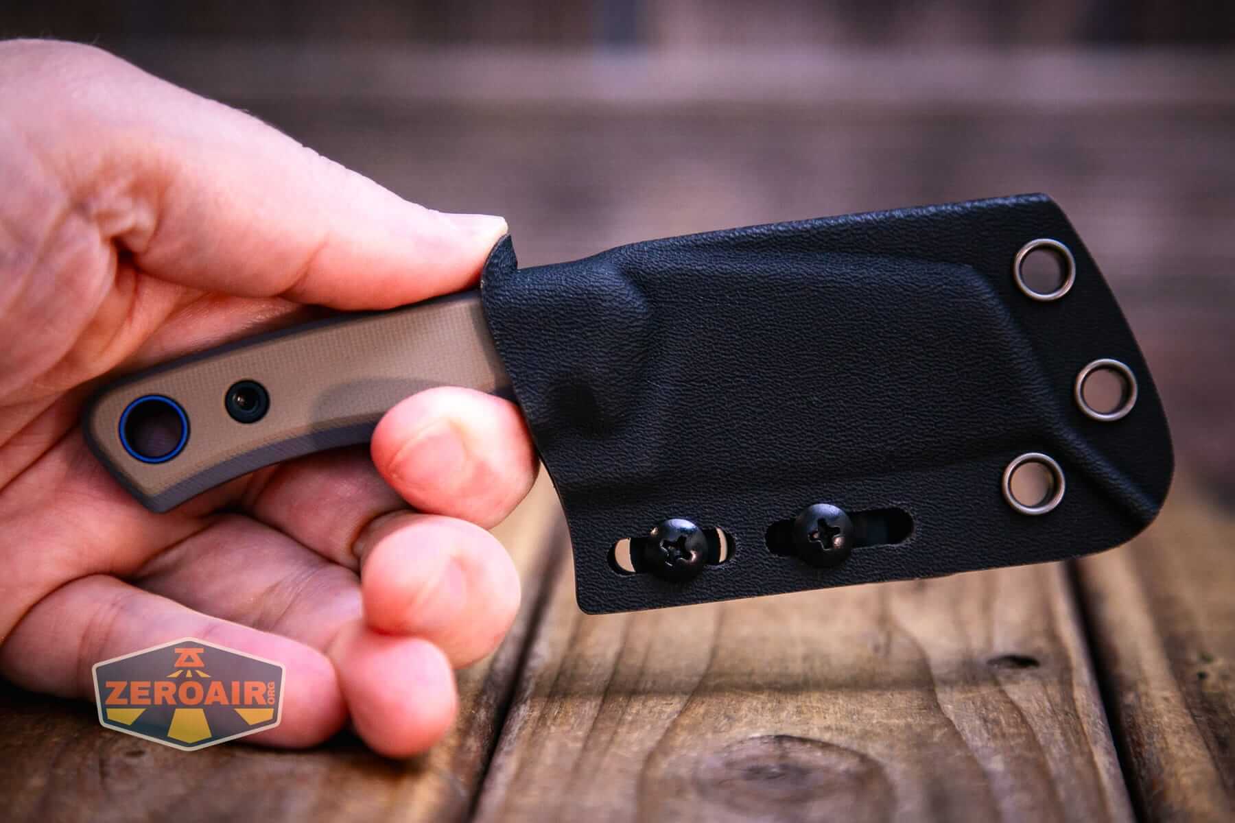 Vosteed Marmoset Sand fixed blade knife in sheath pushing opened