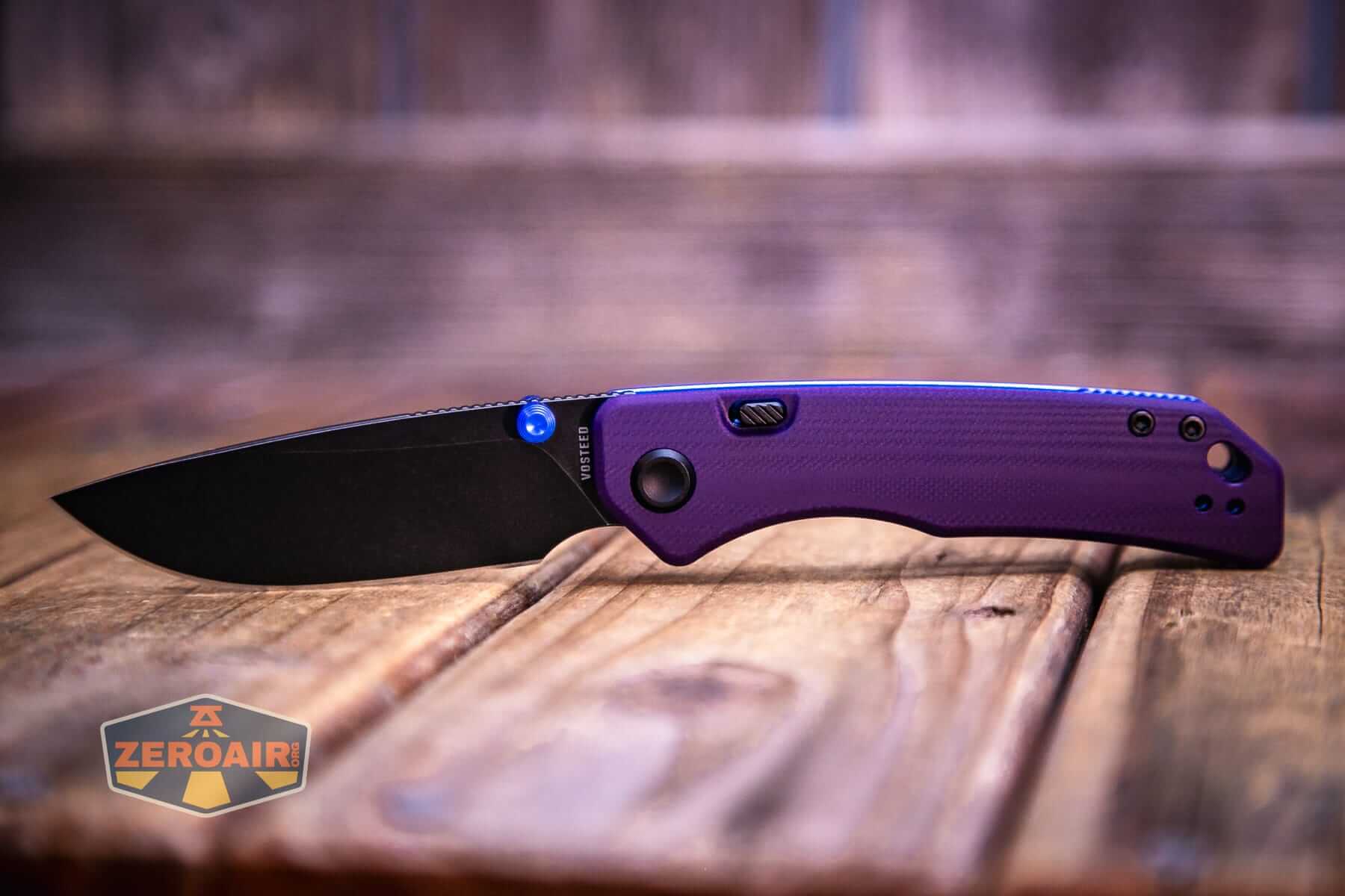 Vosteed Marten 330 Purple knife fully open, off clip side
